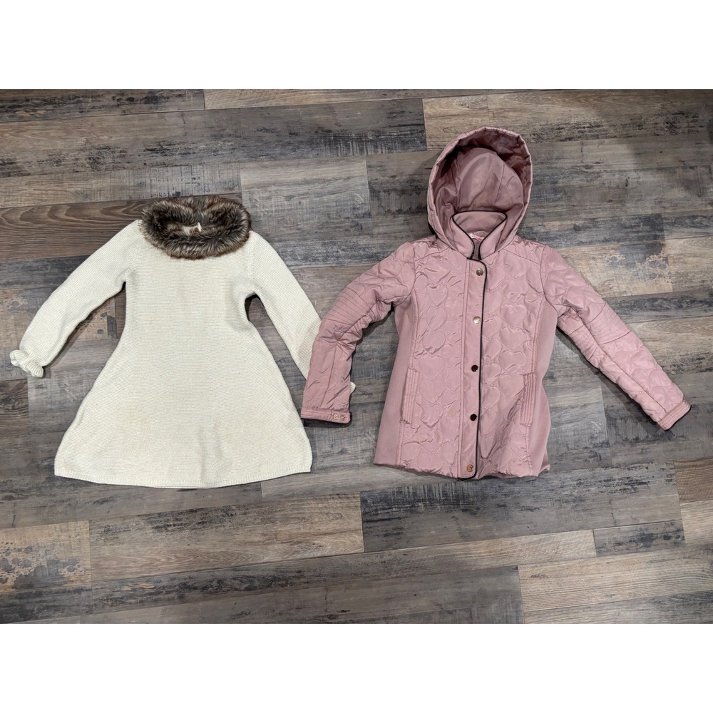 Tahari Girls Cream Knit Faux Fur Collar Dress& Pink‎ Quilted Jacket Bundle